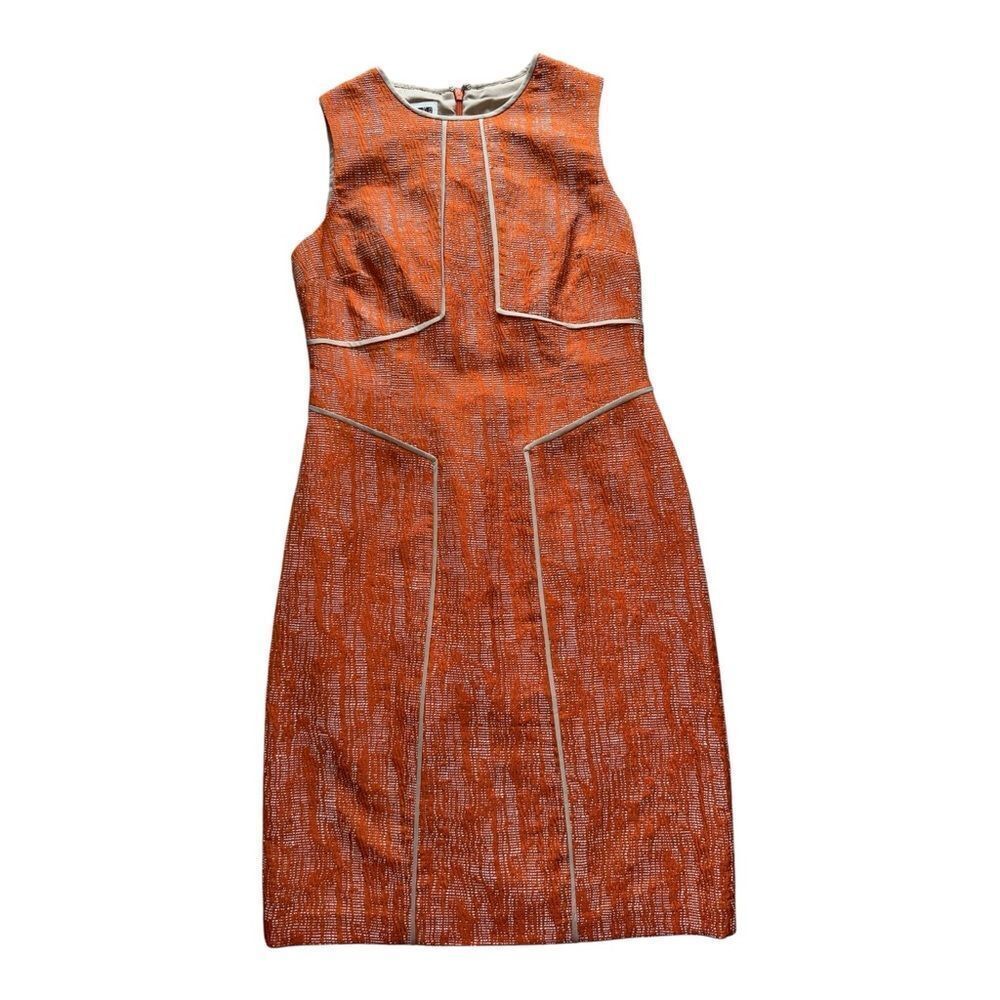 Anne Klein Orange Textured Sheath Midi Dress With Beige Trim